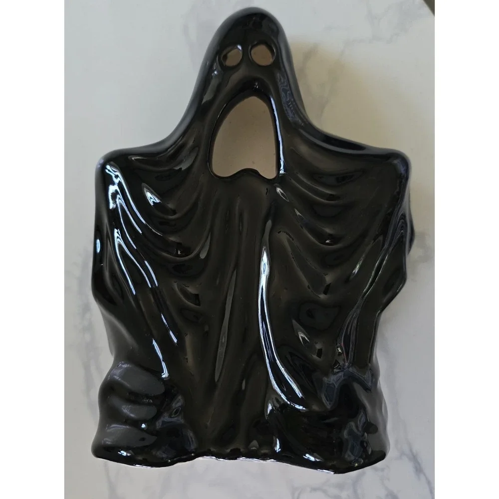 Halloween Ceramic Ghost Tea Light Holder‎ Black 9.25 In Heavy